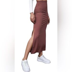 S/m Pink/dusty rose Midi or maxi pencil skirt ribbed knit elastic waistband slit
